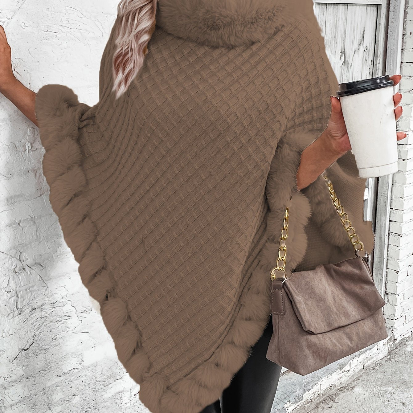 Cozy Faux Fur Trimmed Cape Sweater