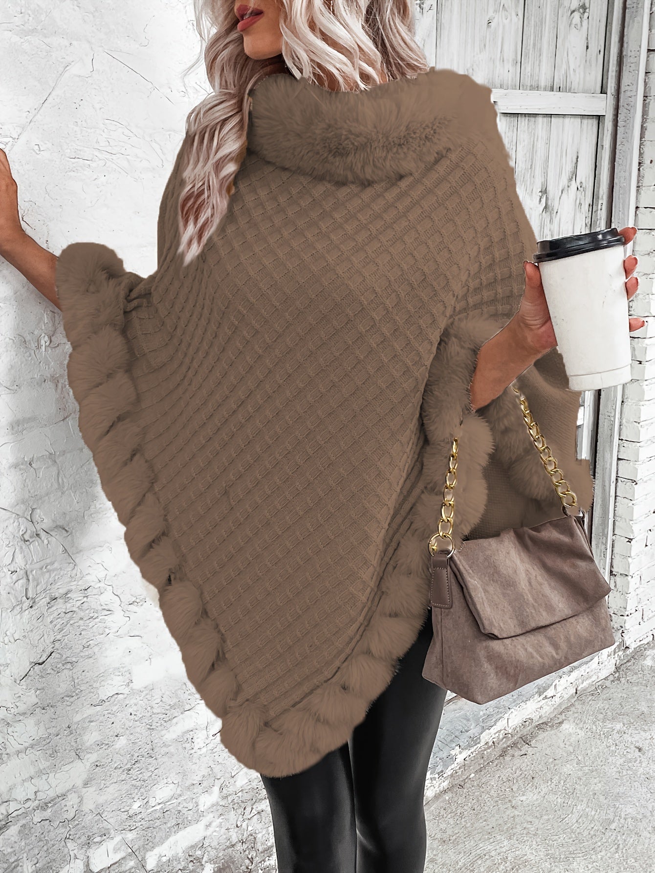 Cozy Faux Fur Trimmed Cape Sweater