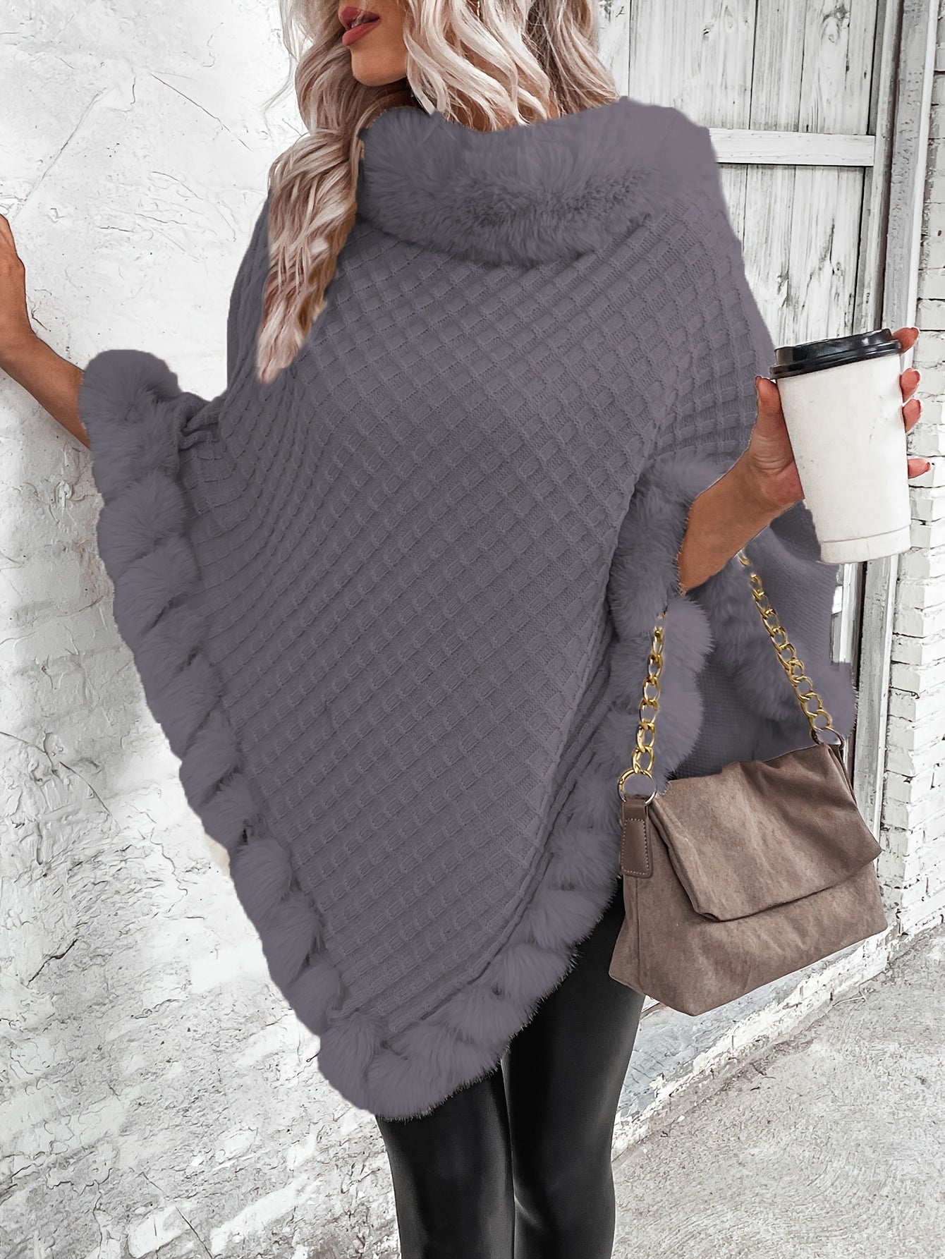 Cozy Faux Fur Trimmed Cape Sweater