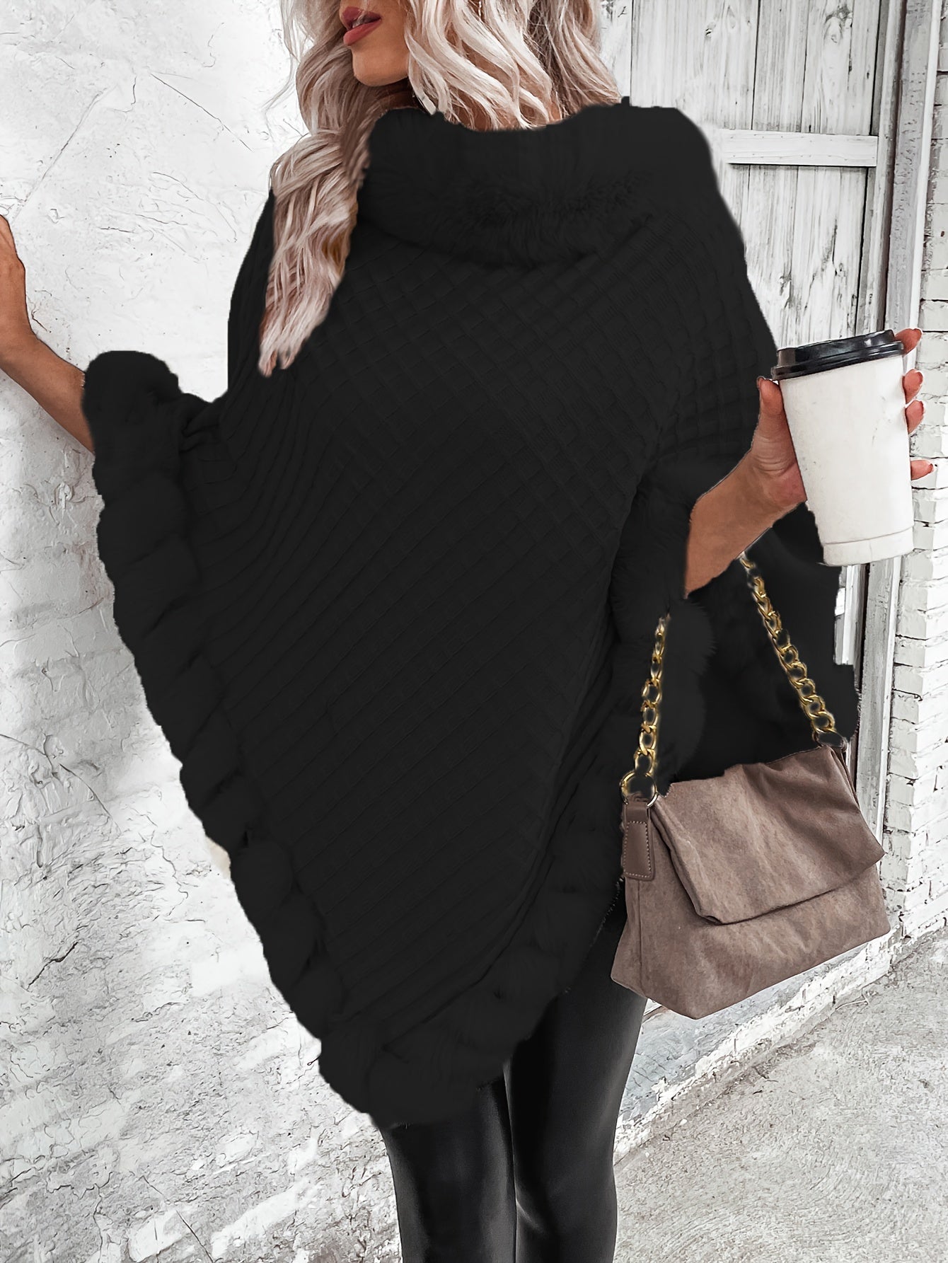 Cozy Faux Fur Trimmed Cape Sweater