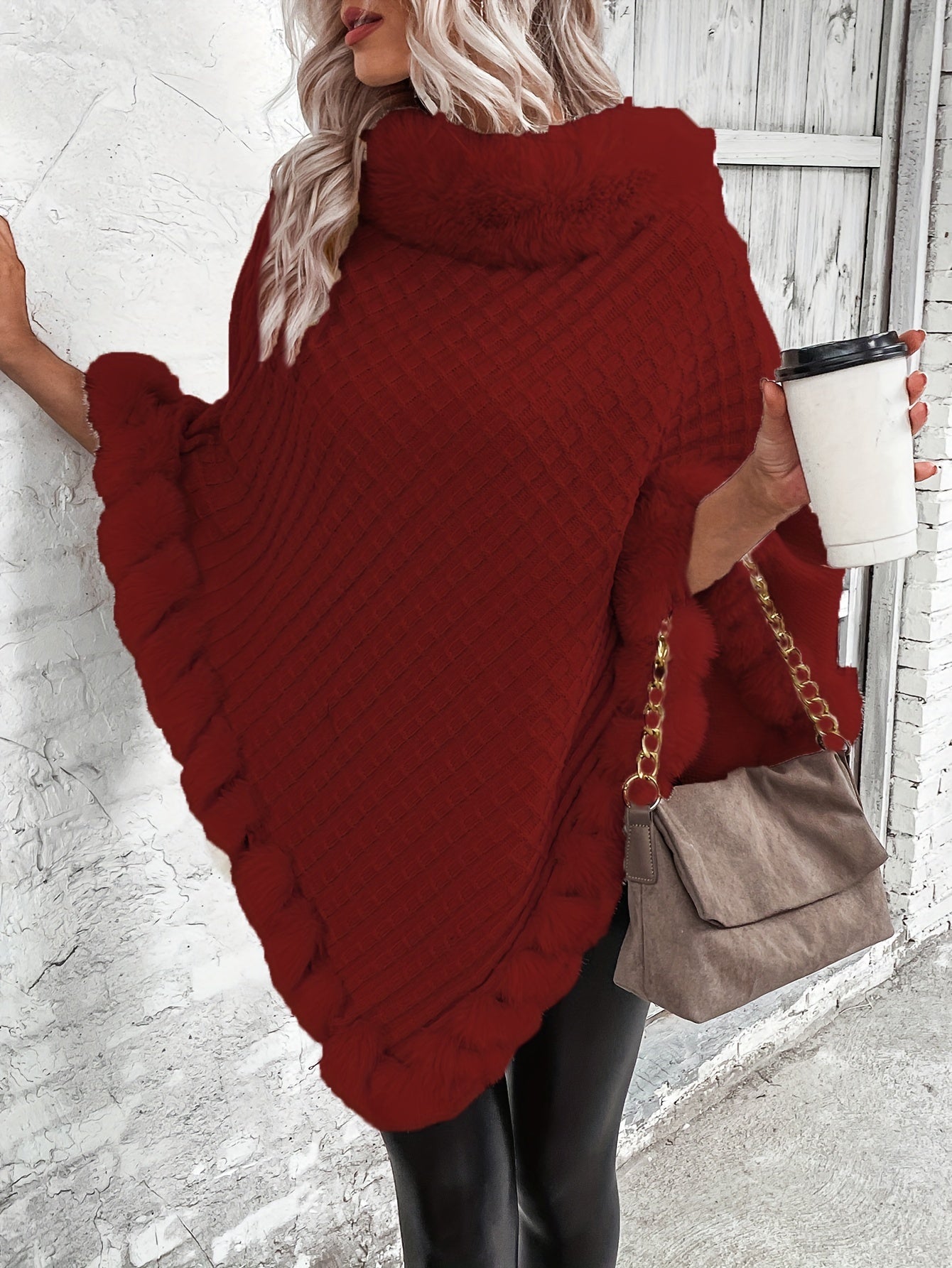 Cozy Faux Fur Trimmed Cape Sweater