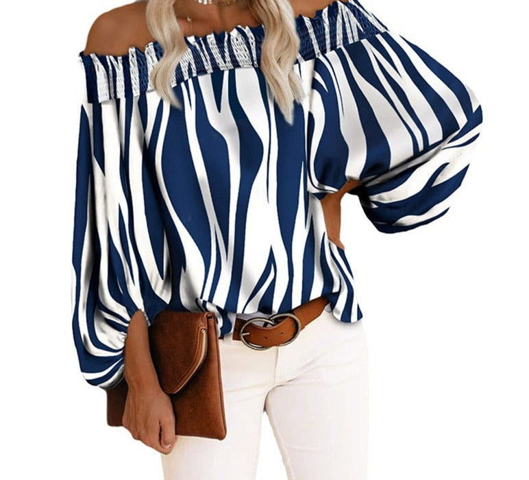Off Shoulder Stripe Chiffon Blouse