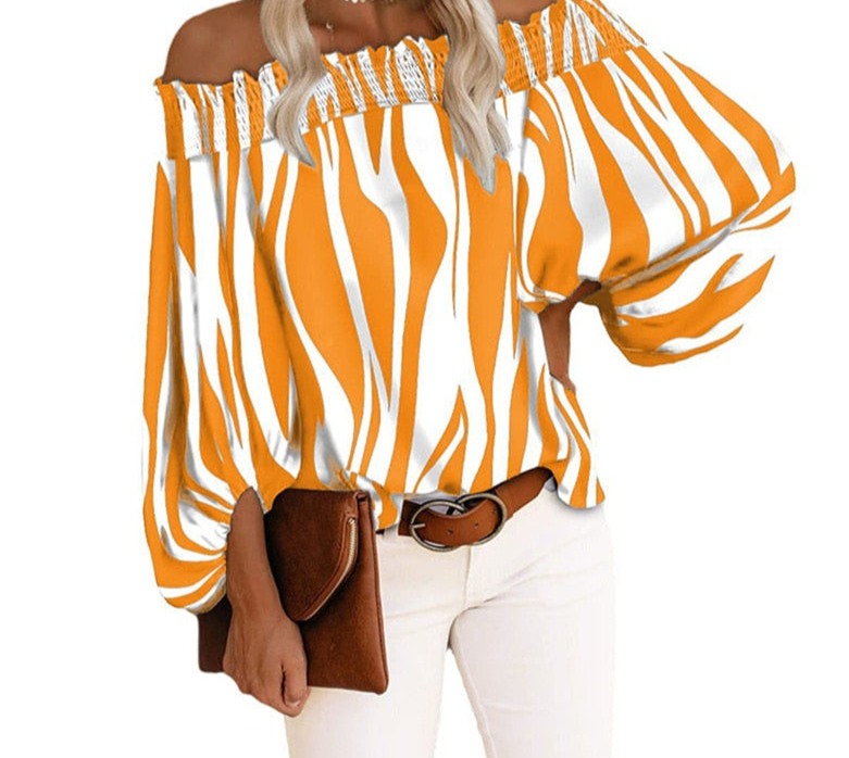 Off Shoulder Stripe Chiffon Blouse