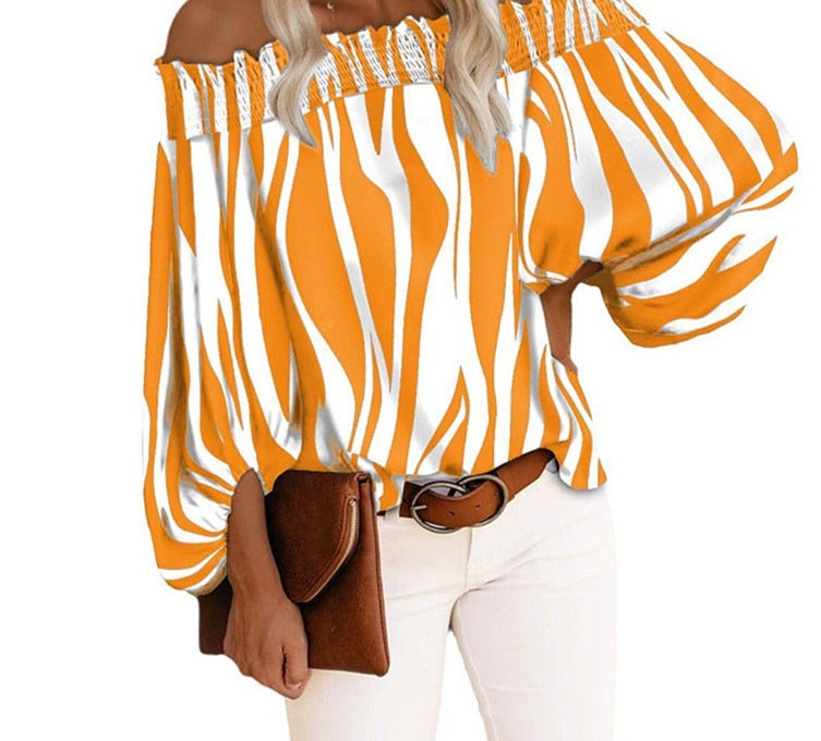 Off Shoulder Stripe Chiffon Blouse