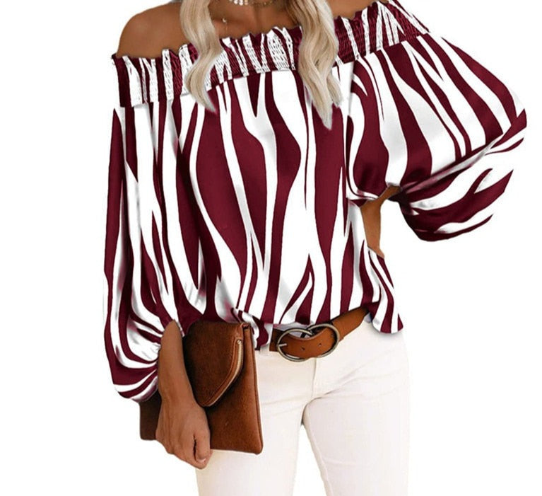 Off Shoulder Stripe Chiffon Blouse