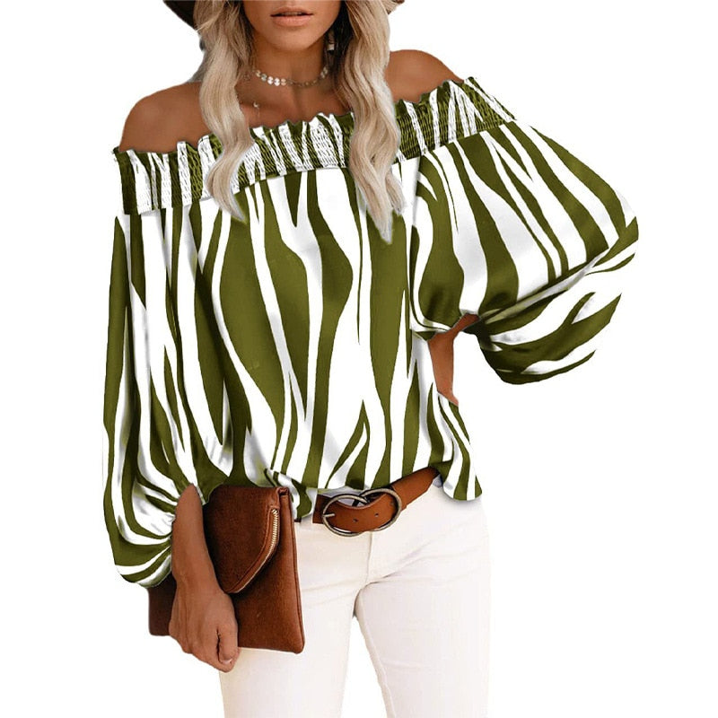 Off Shoulder Stripe Chiffon Blouse