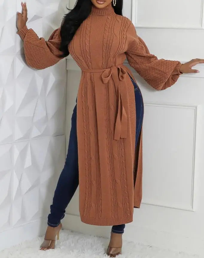 Lantern Sleeve High Slit Knit Top