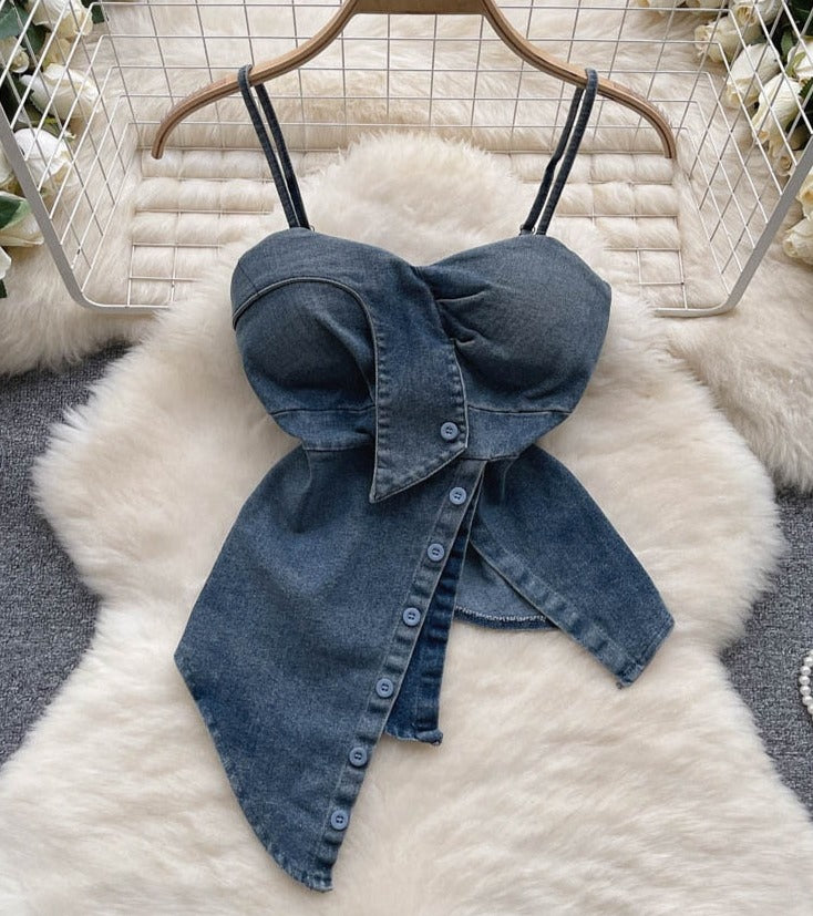 Retro Denim Button Top
