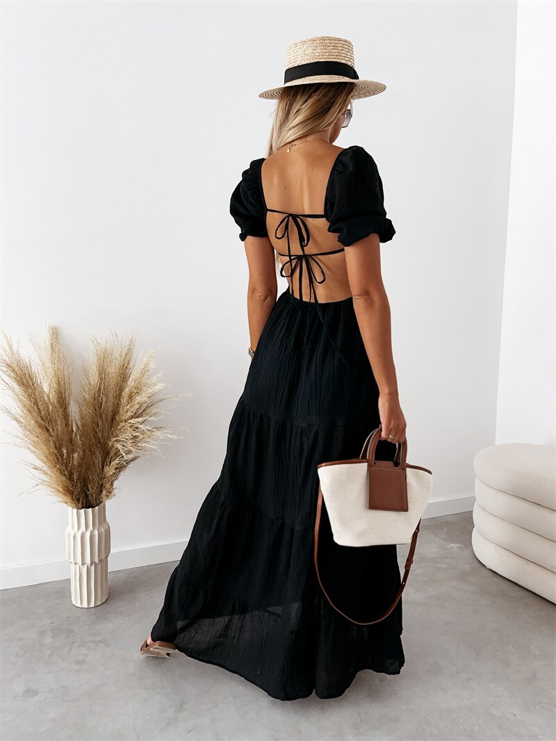Square Neck Pleated High Waist Dress