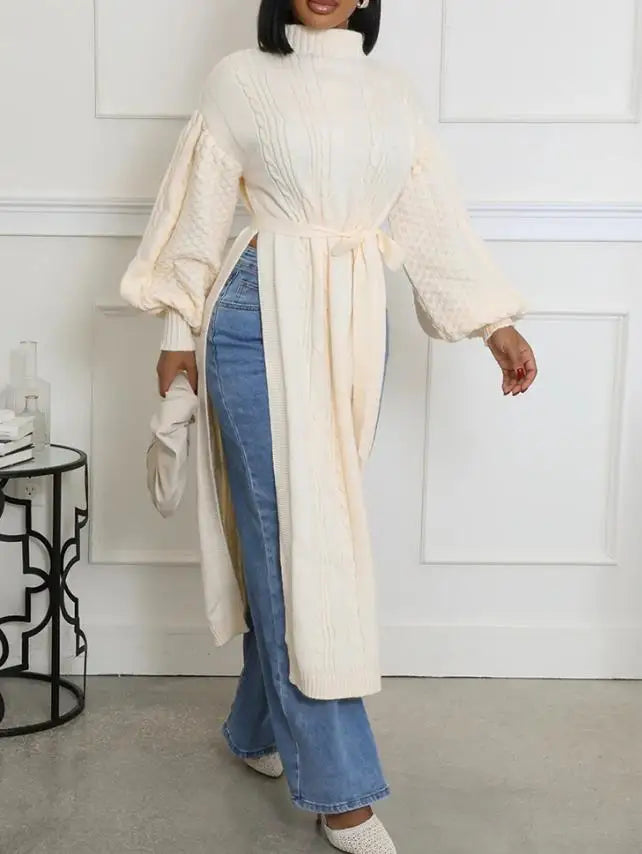 Lantern Sleeve High Slit Knit Top