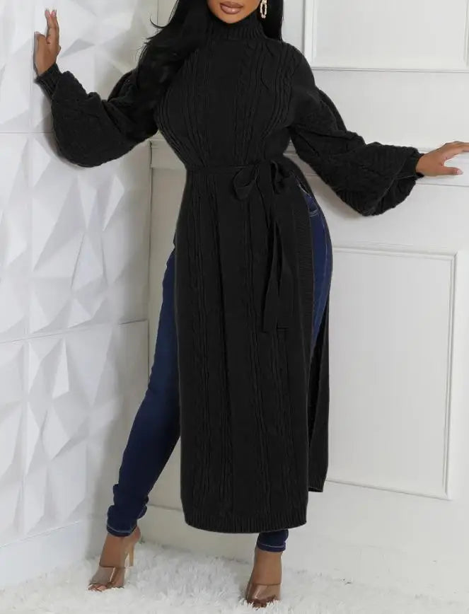 Lantern Sleeve High Slit Knit Top