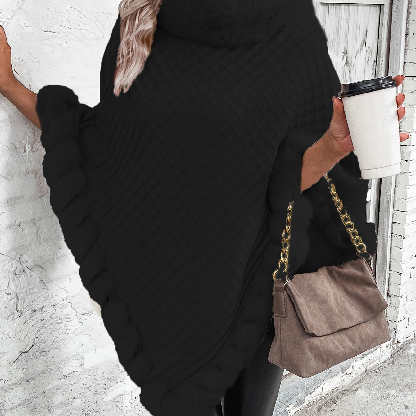 Cozy Faux Fur Trimmed Cape Sweater