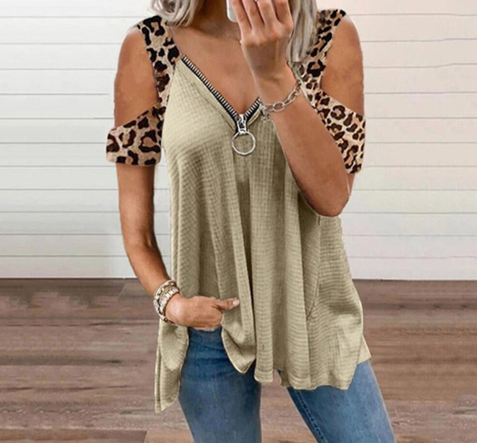 Leopard Off Shoulder Zipper Top