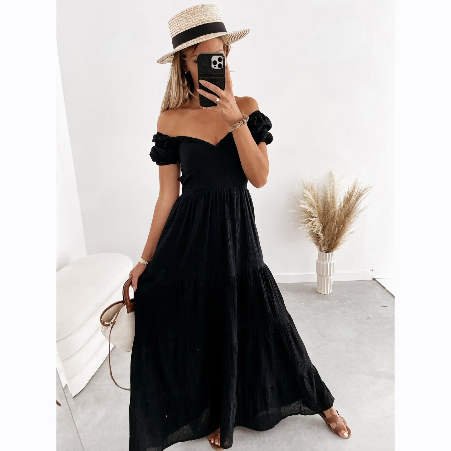 Square Neck Pleated High Waist Dress