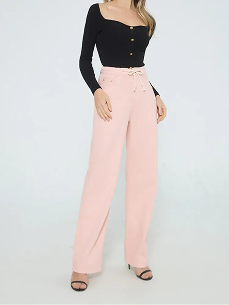 Women's Loose Jeans Drawstring Elastic Waist Denim Long Pants Blue Pink 2024 Early Spring Casual Female Trousers