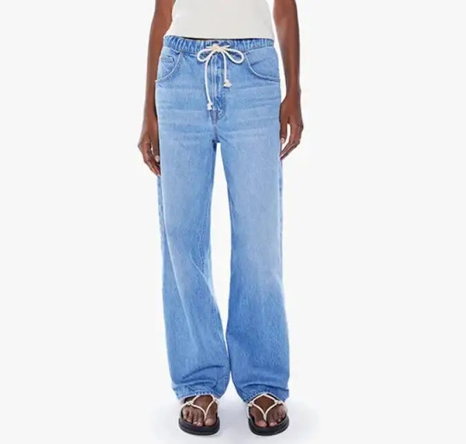 Women's Loose Jeans Drawstring Elastic Waist Denim Long Pants Blue Pink 2024 Early Spring Casual Female Trousers