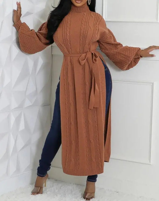 Lantern Sleeve High Slit Knit Top