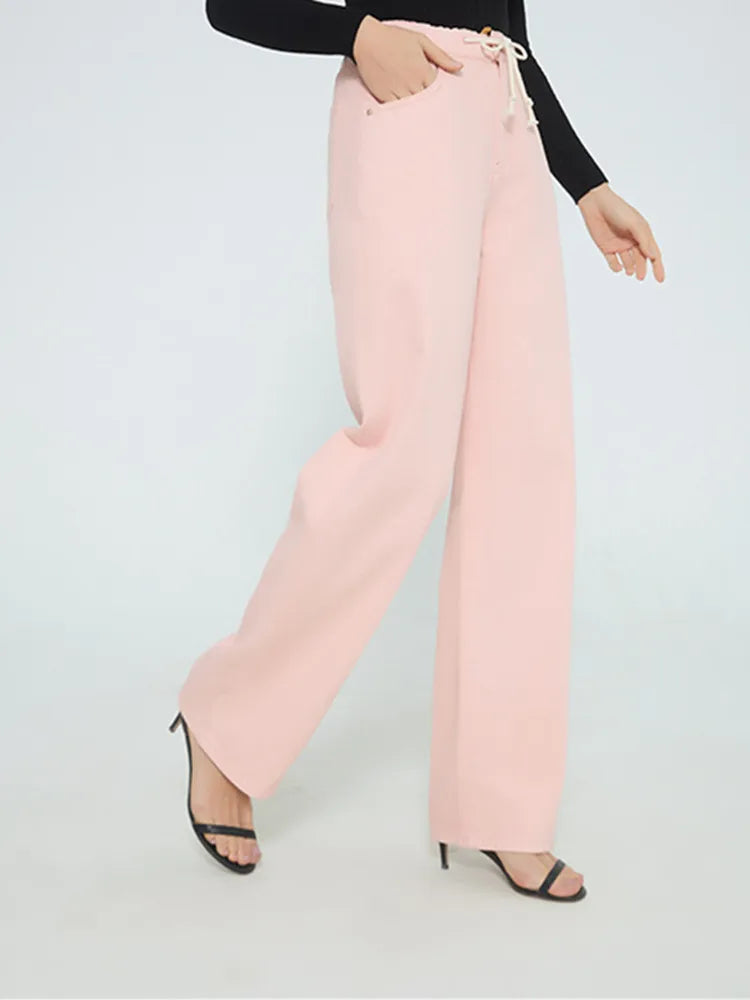 Women's Loose Jeans Drawstring Elastic Waist Denim Long Pants Blue Pink 2024 Early Spring Casual Female Trousers