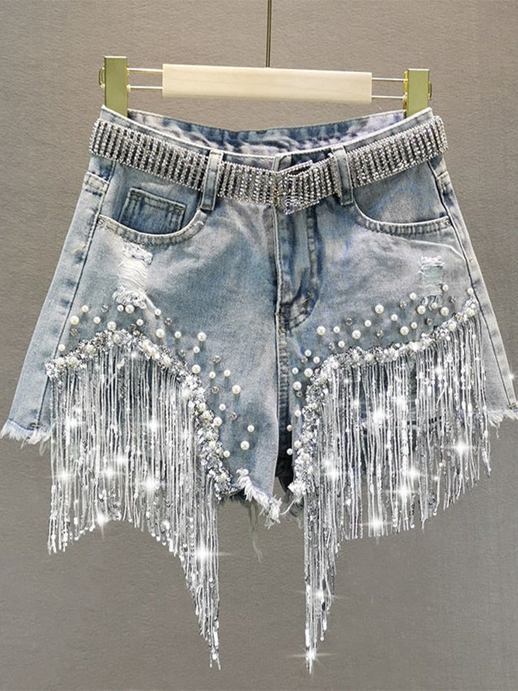 Tassel Bead Denim Shorts