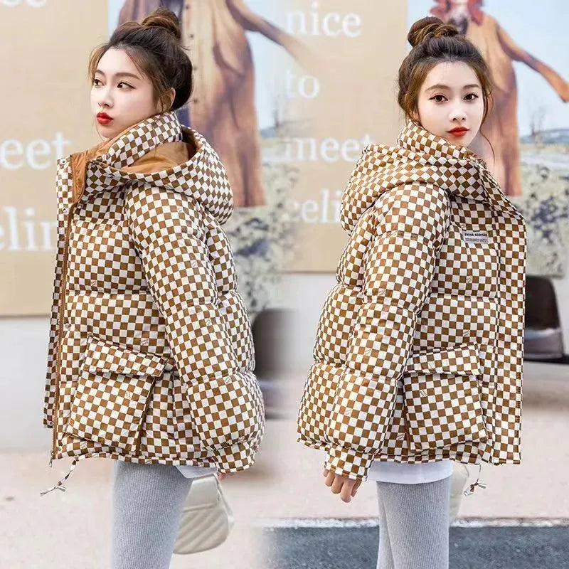 Loose Hooded Plaid Coat