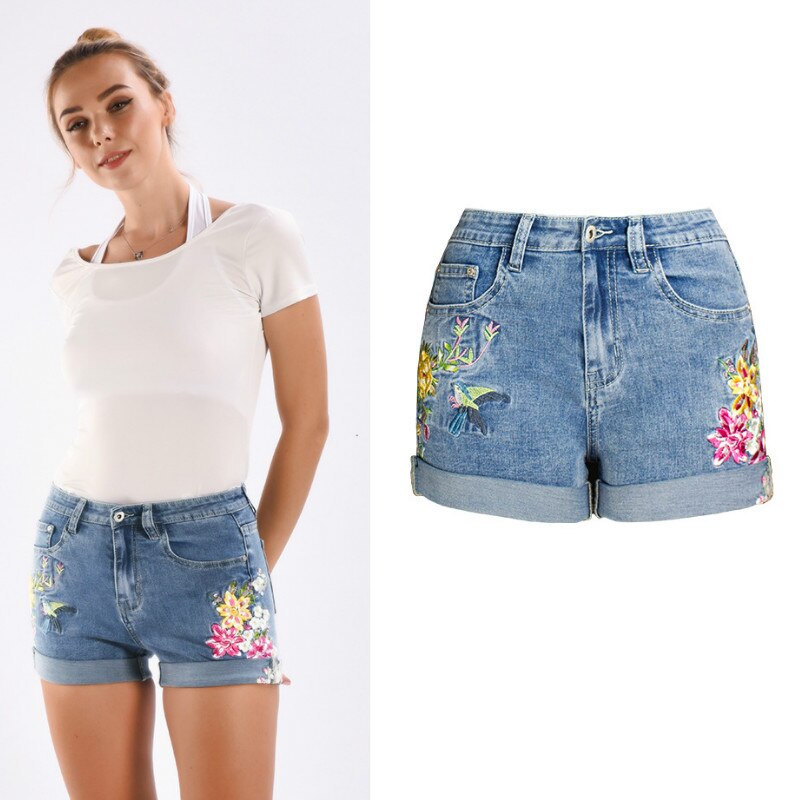Bird & Flower Embroidery Denim Shorts