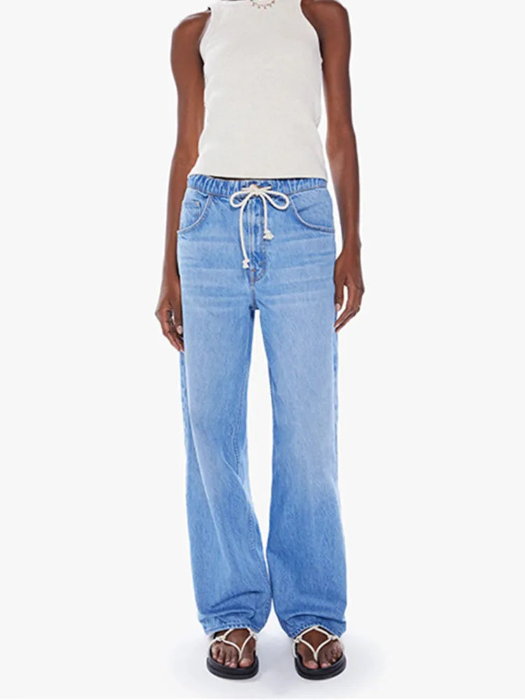 Women's Loose Jeans Drawstring Elastic Waist Denim Long Pants Blue Pink 2024 Early Spring Casual Female Trousers