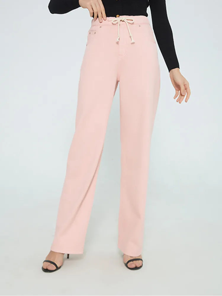Women's Loose Jeans Drawstring Elastic Waist Denim Long Pants Blue Pink 2024 Early Spring Casual Female Trousers