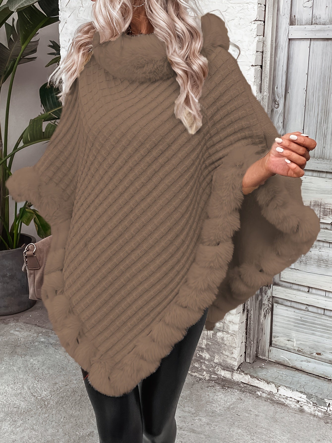 Cozy Faux Fur Trimmed Cape Sweater