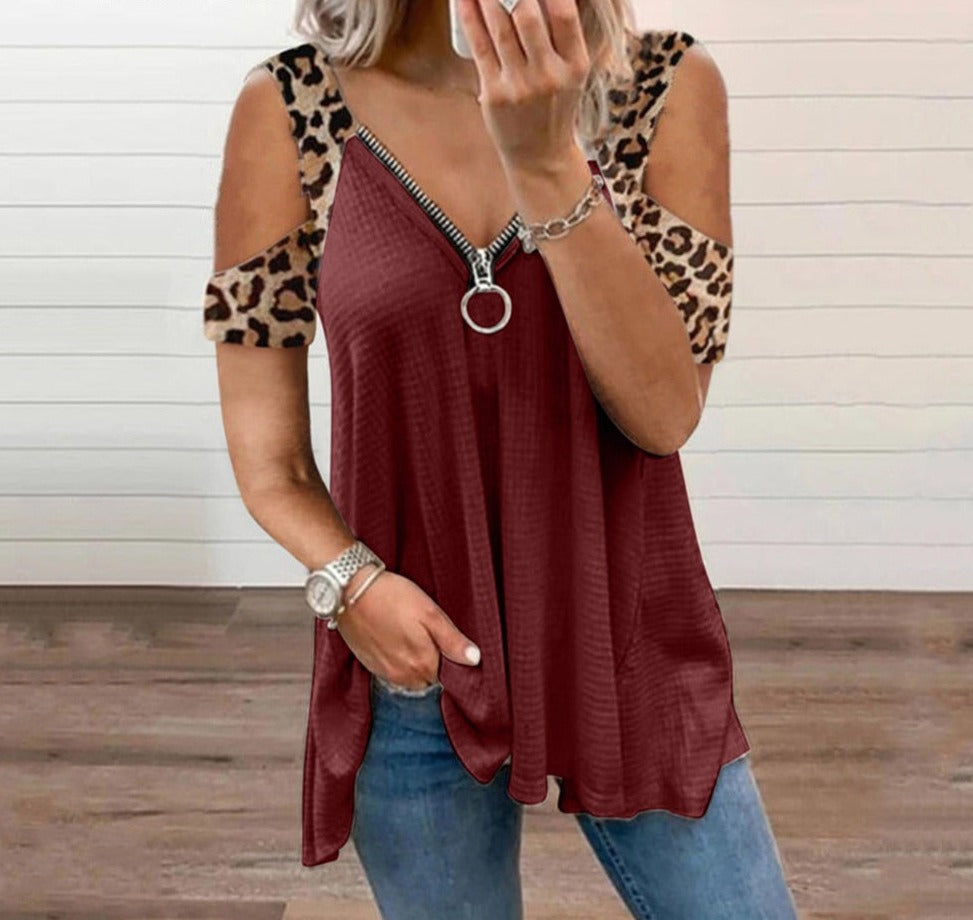 Leopard Off Shoulder Zipper Top