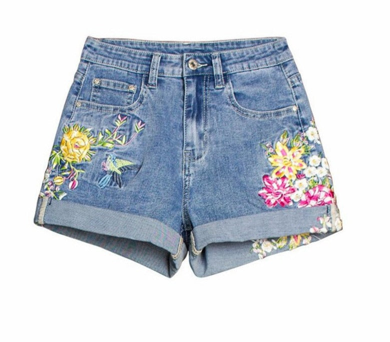 Bird & Flower Embroidery Denim Shorts
