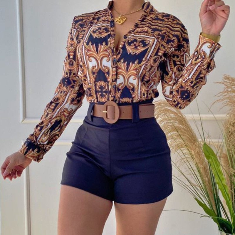 Print Long-sleeved Two Piece Shirt