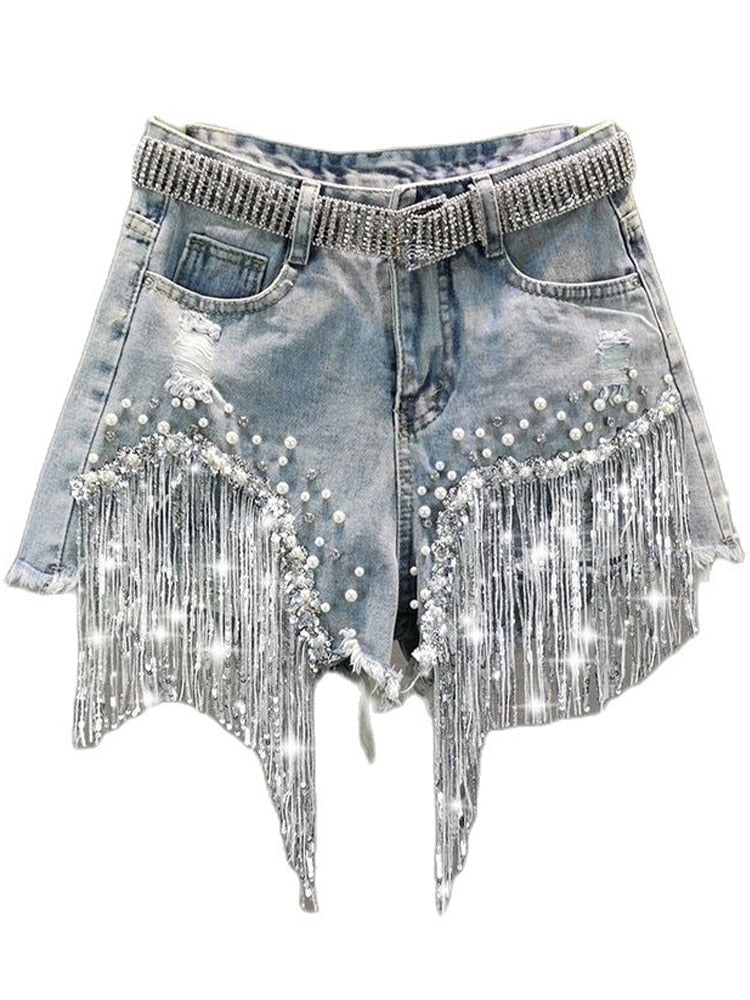Tassel Bead Denim Shorts